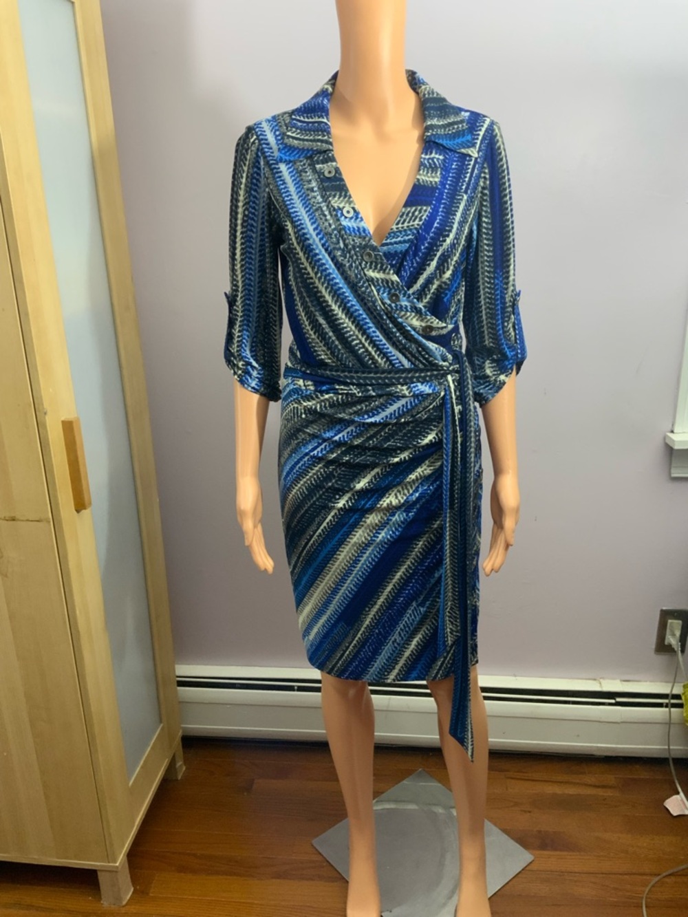 Calvin Klein Blue Striped Faux-Wrap Midi Dress - Picture 2 of 4